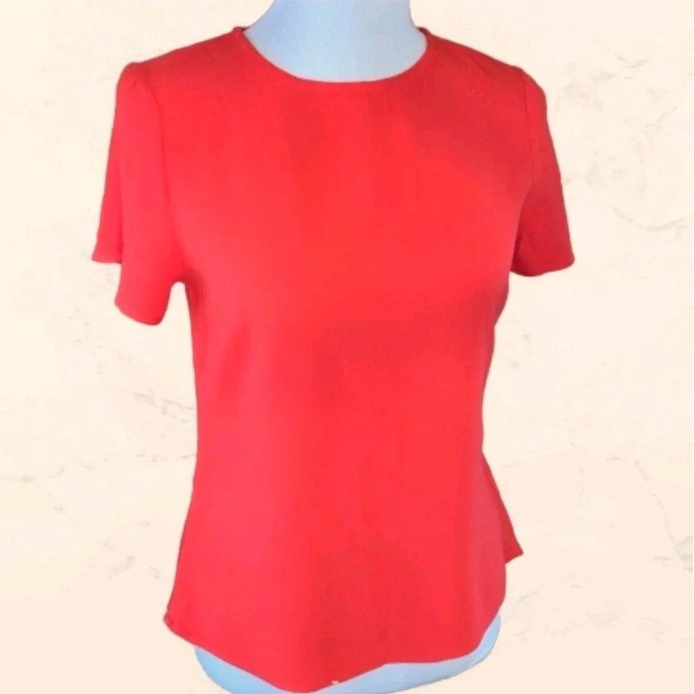 Michael Kors Red Orange Short Sleeve Peplum Blouse Crew Neck Crepe Top Small